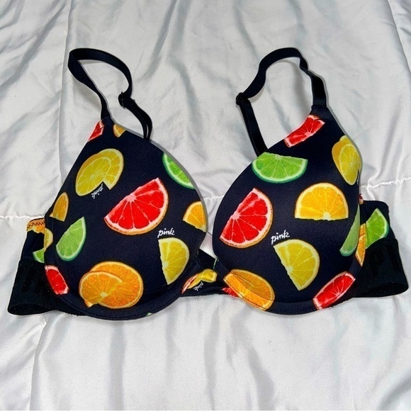 VS PINK Wear Everywhere Push-Up Bra Size 32B Lemon Lime Citrus Print - Picture 1 of 3